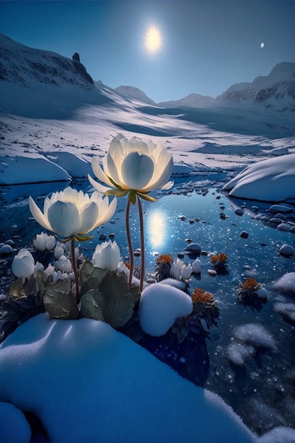 Couple de fleurs blanches assis au sommet d'un sol couvert de neige ai générative