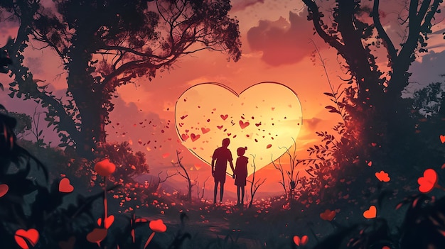 Couple sur le fond du ciel avec un cœur et des fleurs illustration de la Saint-Valentin