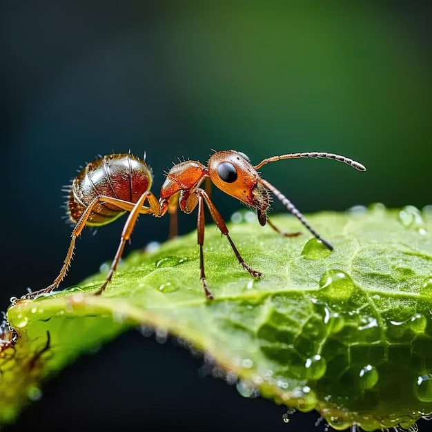 un couple de fourmis rouges debout sur le dessus d'une feuille verte