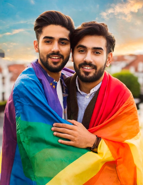 Photo un couple gay couvert par le symbole du drapeau arc-en-ciel