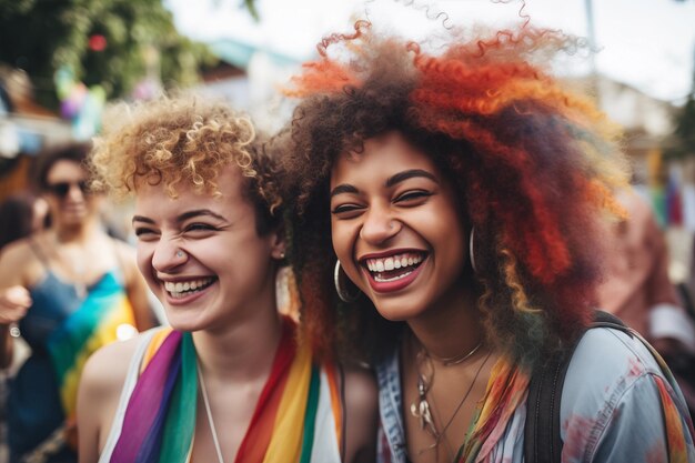 Photo un couple gay féminin qui s'amuse au défilé de la fierté lgbtqi.