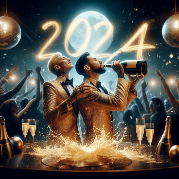 Photo un couple gay en forme célèbre la veille du nouvel an 2024. faites un toast à chamoagne au dîner de la fête de gala.