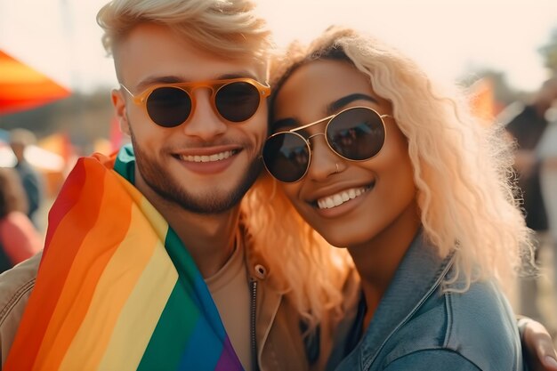 Couple gay multiethnique tenant des drapeaux arc-en-ciel lors d'un événement de fierté