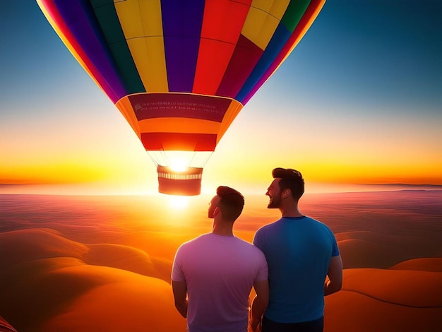 Couple gay romantique regardant le coucher de soleil avec une montgolfière sur le portrait du désert