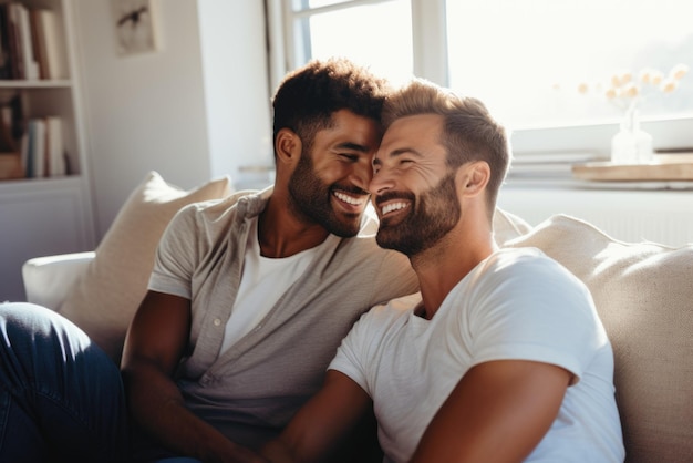 Un couple gay s'amusant sur le canapé à la maison.