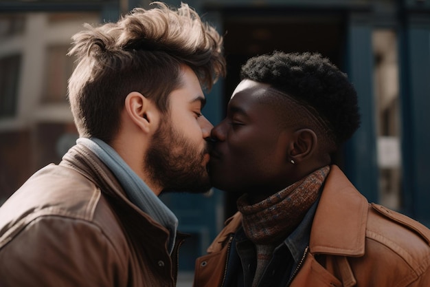 Couple gay s'embrassant dans la rue de la ville Generative AI