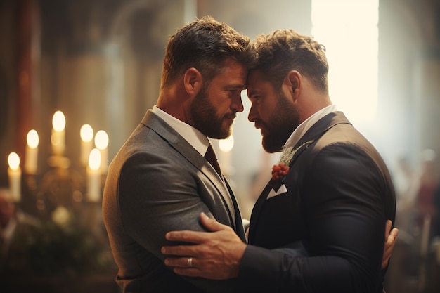 Couple gay s'embrassant pour le mariage Deux garçons ont un amour mariage lgbtq couple petit ami mois de la fierté relation homosexuelle câlins sourire heureux relation arc-en-ciel
