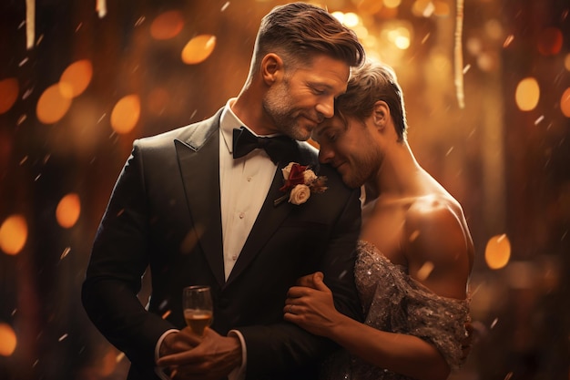 Couple gay s'embrassant pour le mariage Deux garçons ont un amour mariage lgbtq couple petit ami mois de la fierté relation homosexuelle câlins sourire heureux relation arc-en-ciel