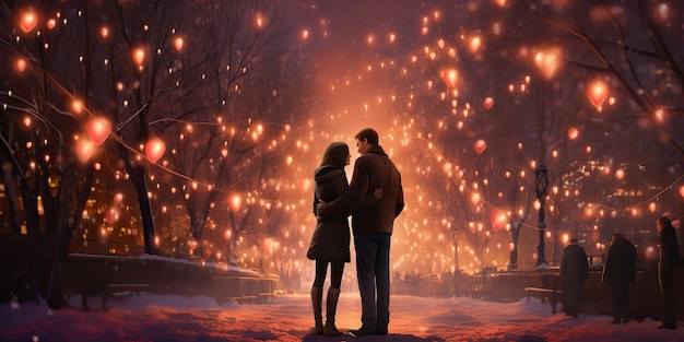 Un couple génératif généré par l'IA s'embrasse la nuit avec un amour romantique lumineux