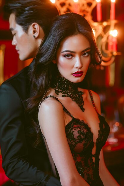 Photo couple glamour en tenue de soirée élégante à l'intérieur rouge luxueux portrait de mode d'événement