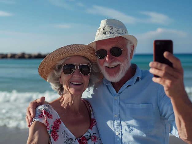 Un couple de grands-parents prenant un selfie près de la mer