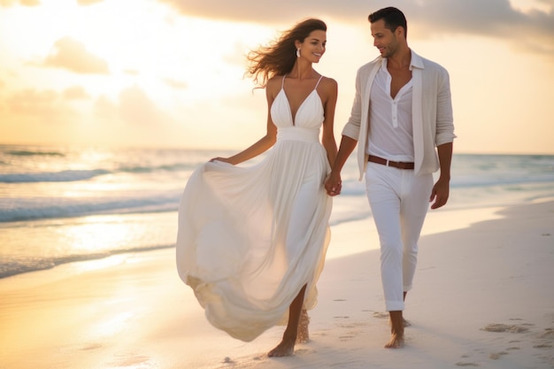 Couple habillé en blanc marchant sur la plage