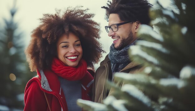 Photo un couple heureux et amoureux choisit un arbre de noël à l'extérieur du marché d'hiver.