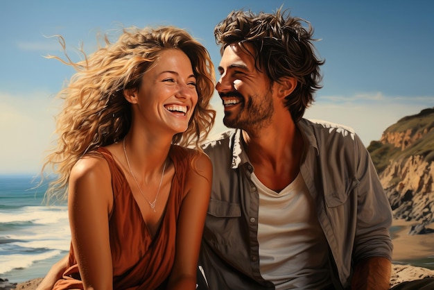 Couple heureux amoureux un homme et une femme sourient en marchant le long du rivage ou de la plage à la station balnéaire