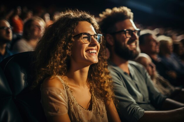 Un couple heureux et amoureux regardant un film au cinéma.