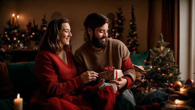 Photo un couple heureux assis sur le canapé avec des cadeaux de noël devant la cheminée générée avec l'ai