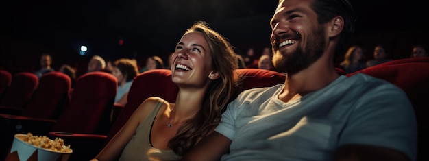 Un couple heureux assis dans un cinéma et regardant un film