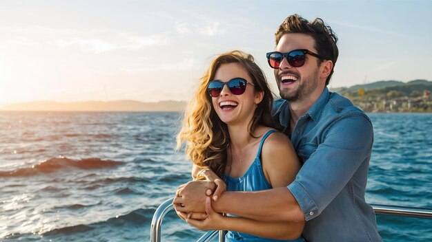 Un couple heureux et attrayant riant voyageant en été par mer un homme et une femme portant des lunettes de soleil