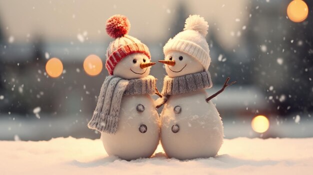Couple heureux bonhomme de neige debout dans le paysage de Noël d'hiver