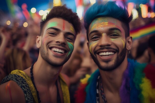 Couple heureux célébrant au défilé de la fierté gay LGBTQ à Sao Paulo Jour et mois de la fierté au Brésil