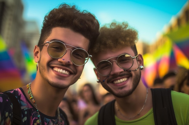 Couple heureux célébrant au défilé de la fierté gay LGBTQ à Sao Paulo Jour et mois de la fierté au Brésil