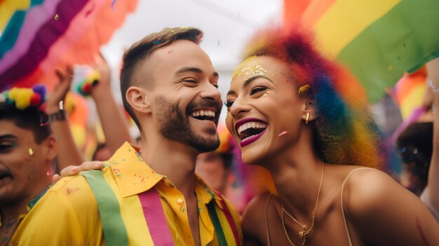 Couple heureux célébrant au défilé de la fierté gay LGBTQ à Sao Paulo Pride Month au Brésil