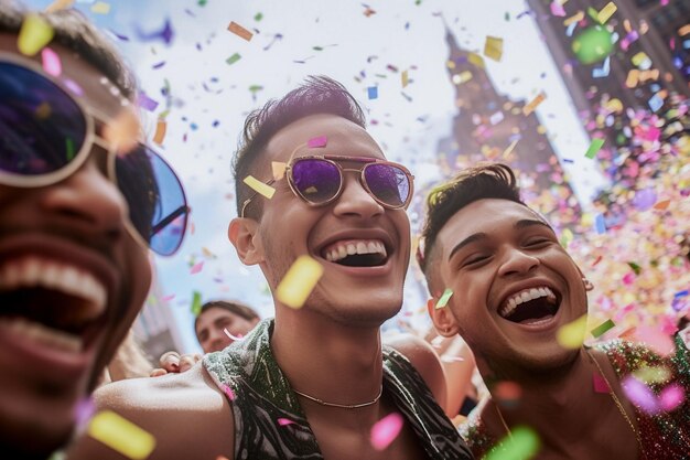 Couple heureux célébrant dans les rues de New York le défilé de la fierté LGBTQ