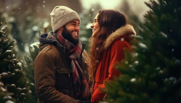 Un couple heureux choisit un arbre de Noël au marché le soir du Nouvel An ou de Noël