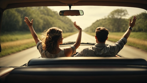 Un couple heureux conduisant sur une route de campagne avec les mains en l'air