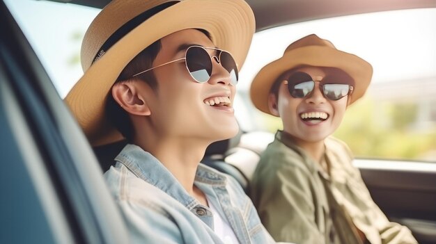 Un couple heureux dans une cabine de voiture souriant en voyage avec la technologie