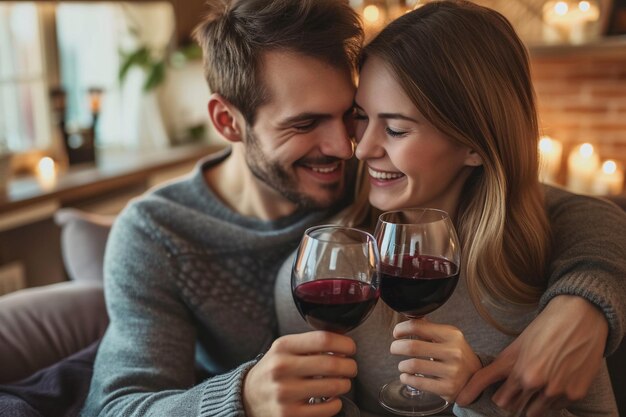 Un couple heureux dégustant du vin à la maison avec de l'intelligence artificielle