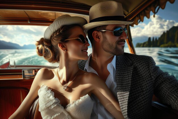 Un couple heureux est assis sur un bateau.