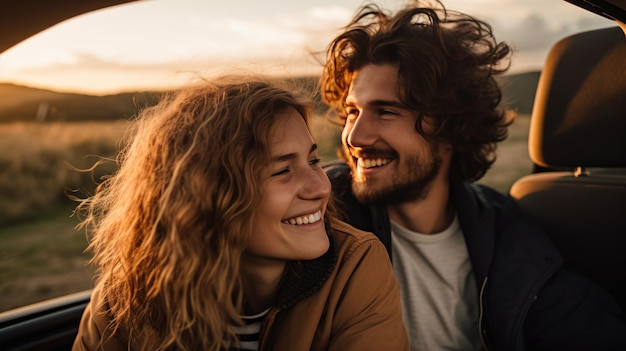 Le couple heureux est assis dans la voiture et sourit créé avec la technologie d'intelligence artificielle générative