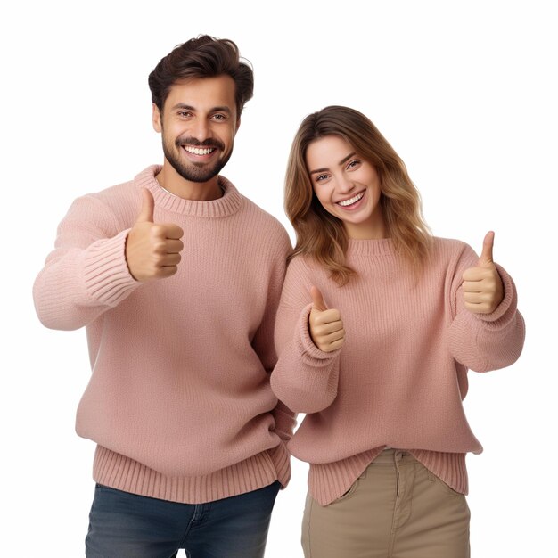 Un couple heureux faisant de bons pouces en haut portant des pulls isolés sur un fond blanc