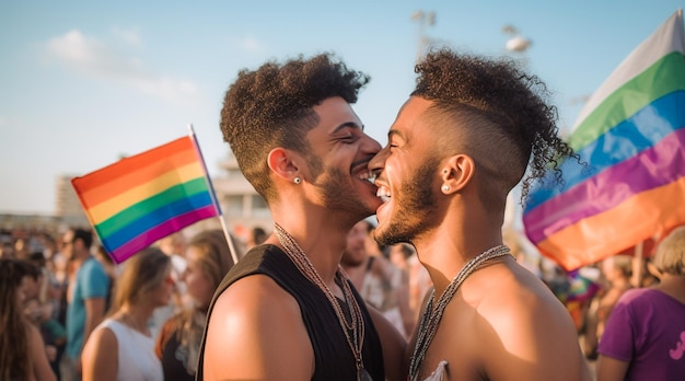 Photo un couple heureux fête sur la plage lors du défilé de la fierté lgbtq à tel aviv