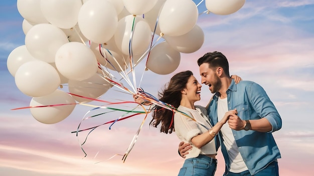 Un couple heureux jouant avec des ballons blancs.