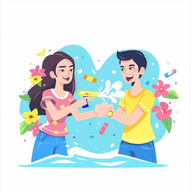 Un couple heureux jouissant d'une illustration vectorielle de combat avec un pistolet à eau