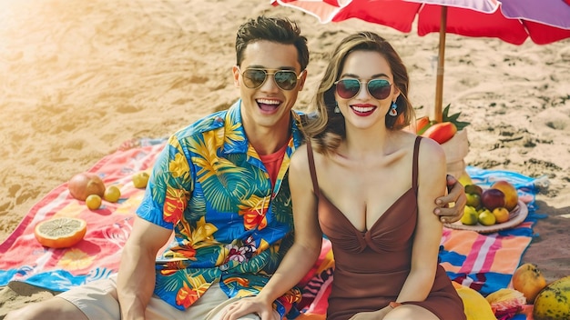 Un couple heureux avec des lunettes de soleil sur la plage