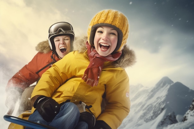 Un couple heureux en motoneige dans les montagnes Concept de vacances d'hiver