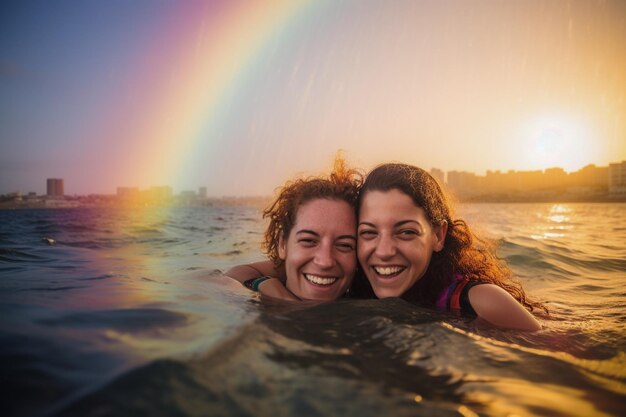 Un couple heureux nageant lors du défilé de la fierté LGBTQ à Tel Aviv Israël Célébration du mois de la Fierté d'Israël