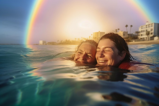 Un couple heureux nageant lors du défilé de la fierté LGBTQ à Tel Aviv Israël Célébration du mois de la Fierté d'Israël