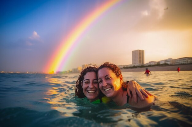 Un couple heureux nageant lors du défilé de la fierté LGBTQ à Tel Aviv, Israël