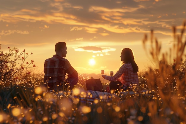 Un couple heureux partageant un pique-nique romantique au coucher du soleil.