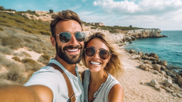 Un couple heureux prenant un selfie pendant des aventures en plein air