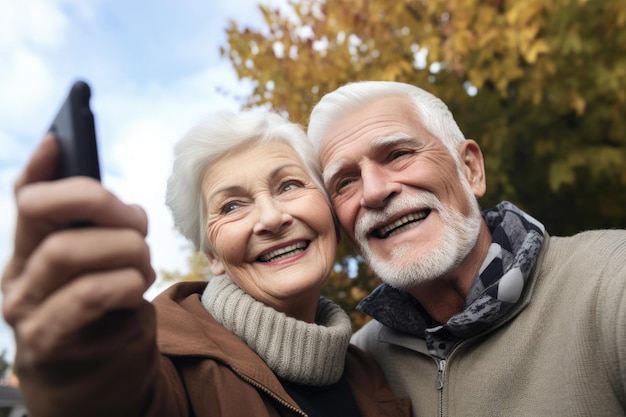 Un couple heureux prenant des selfies ensemble