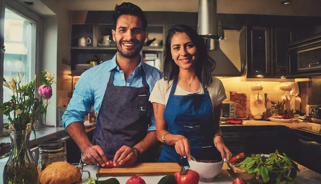 Un couple heureux prépare le dîner.