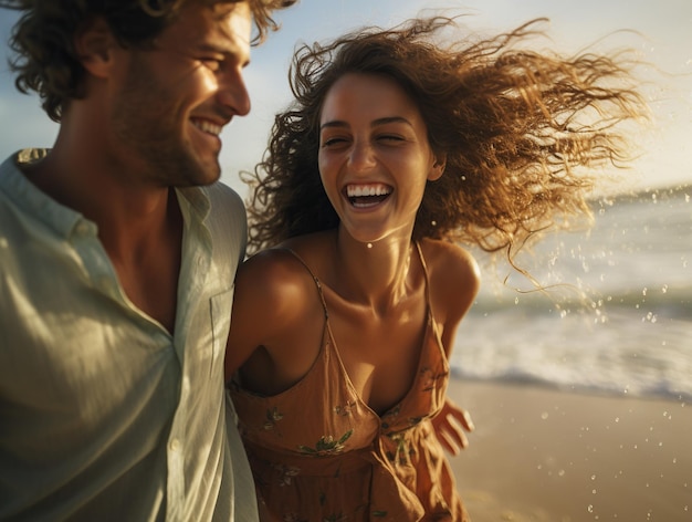 Un couple heureux qui court sur la plage.