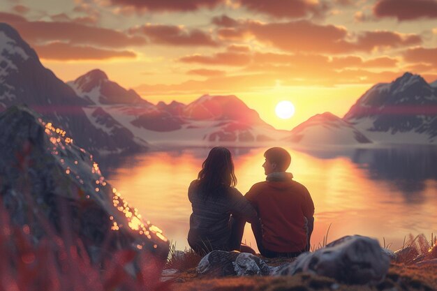 Un couple heureux regardant le coucher de soleil ensemble.