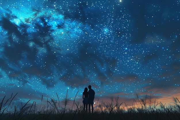 Un couple heureux regardant les étoiles dans un champ.