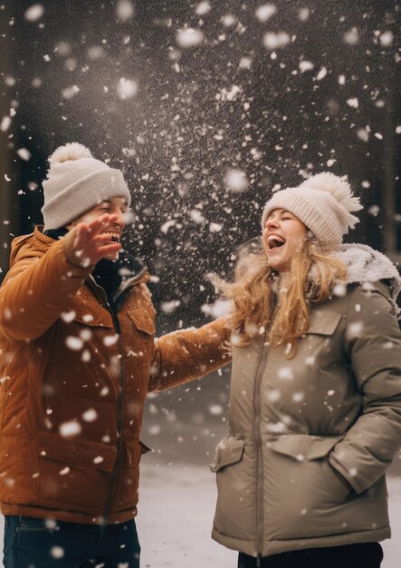 Un couple heureux riant pendant les chutes de neige dans la forêt d'hiver